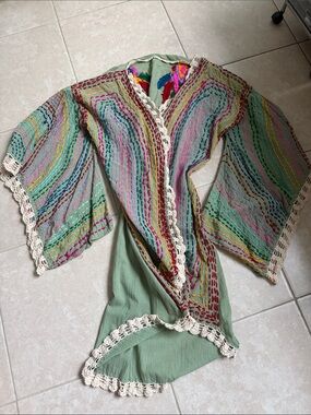 Boho Embroidered Open-Front Kimono in Sage Green